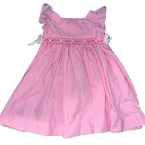 Pink Seersucker Smocked Daisy Waist Ruffle Sleeve Dress Size 3T 100% Cotton